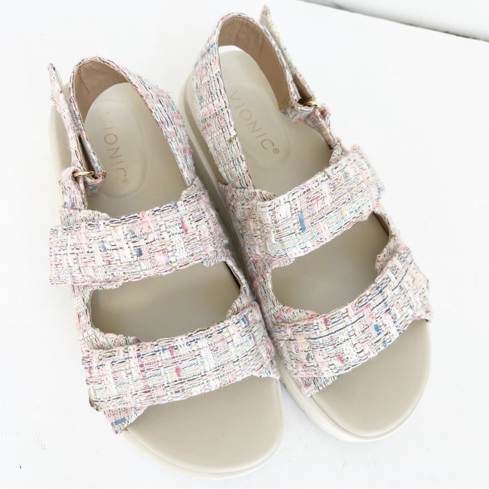 Vionic Tweed Multi-Color Strappy Sandals - Cream Base